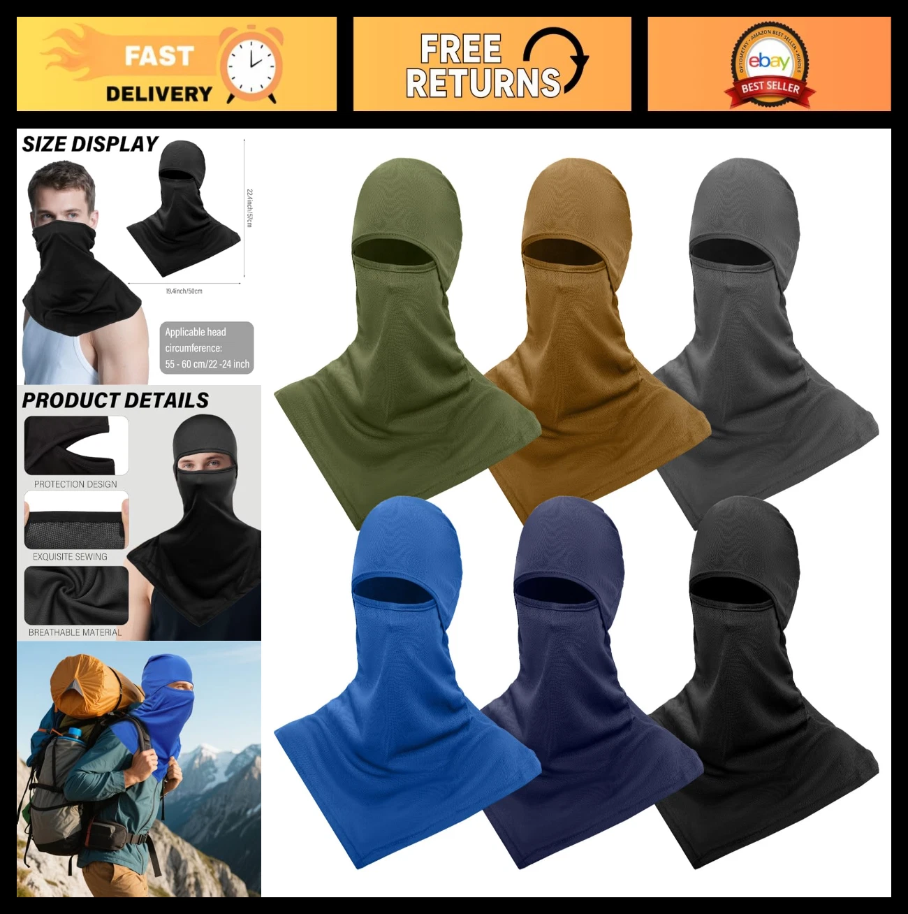 6Pcs UV Protection Balaclava Ski Mask Neck Gaiter Cover for Men & Women