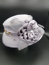 Ben Marc Church Derby Hat Silver Gray Satin Flower Rhinestone Wide Brim Formal