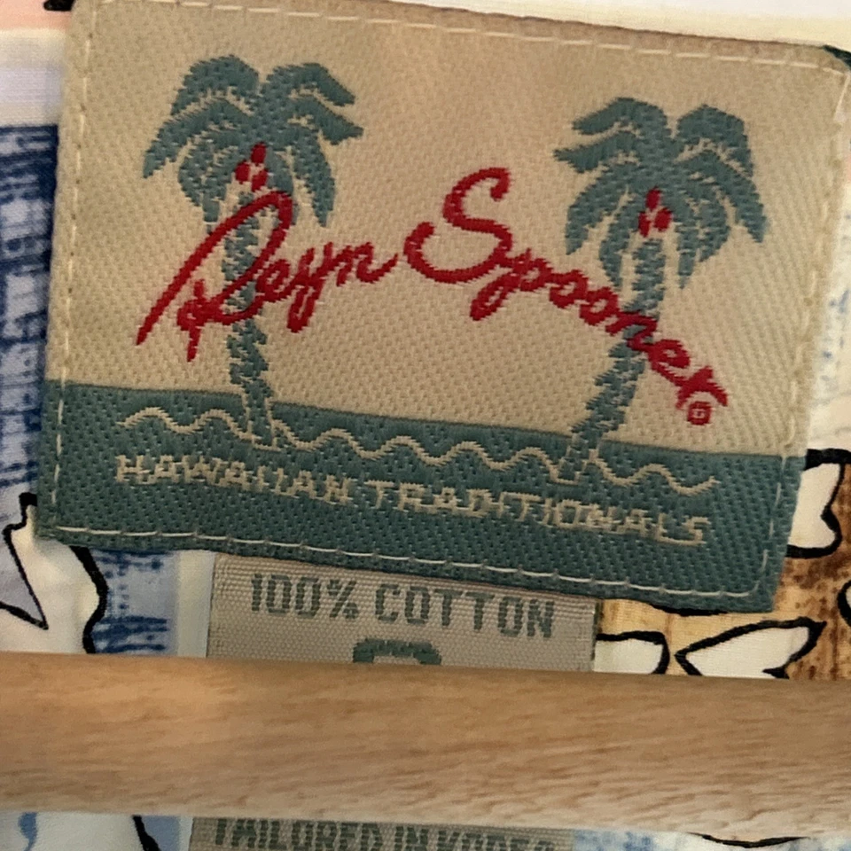 Camisa REYN SPOONER Para Hombre Azul Blanco Tostado Hawaiana Abotonada De Colección Talla Pequeña Foto 4 de 4