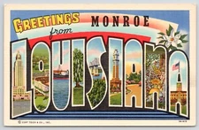 Greetings From Monroe Louisiana  LARGE LETTER LINEN c1940s  Postcard