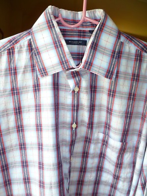 BURBERRY LONDON RED WHITE BLUE & GRAY PLAID/CHECK DRESS SHIRT