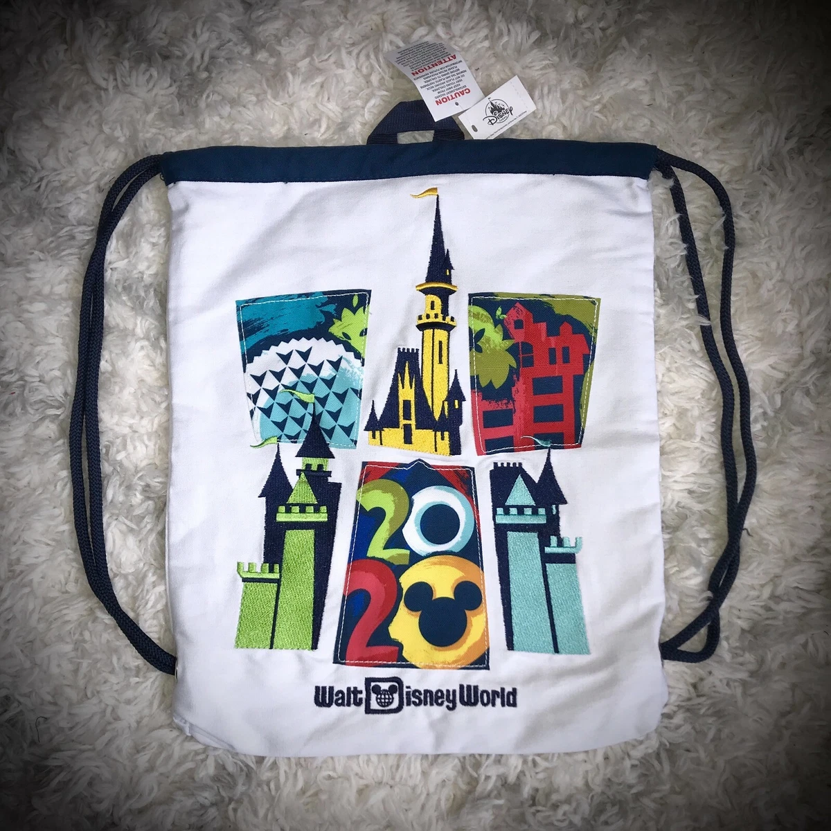 2020 WALT DISNEY WORLD BACKPACK canvas cinch bag drawstring parks white 14.5x18