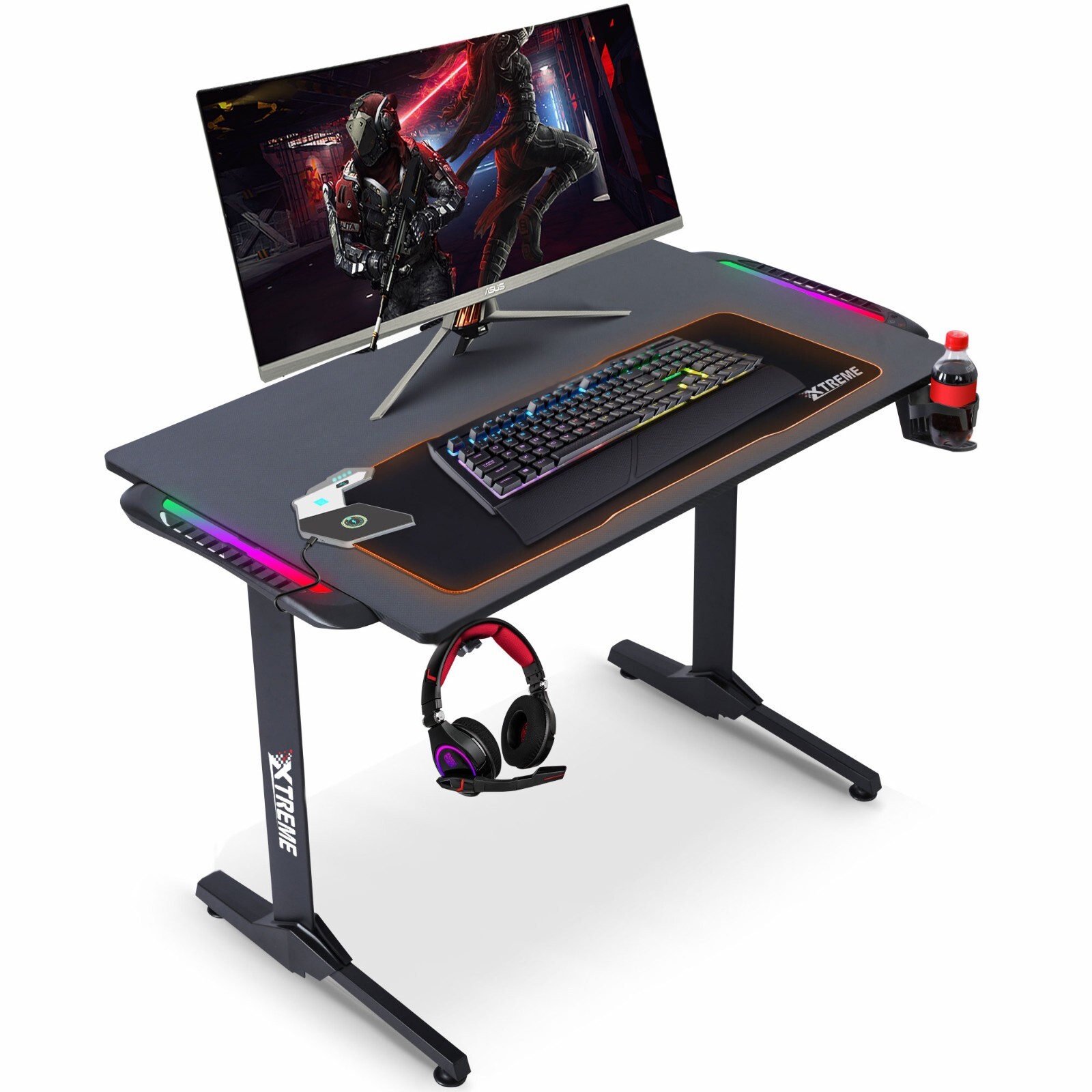 XTREME Gaming Desk With Carbon Fibre Effect, RGB Light, Wireless