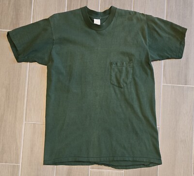 Vintage 70s Green Blank Pocket Tee T Shirt Thrashed Soft Great Fade USA 