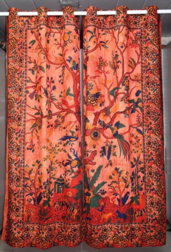 Orange Tree Of Life Mandala Cotton Curtains Handmade Boho Window Decor Curtains