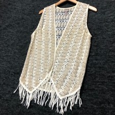 Chicos Size 0 Duster Women's Tan Vest Crochet Open Front Sleeveless Fringe