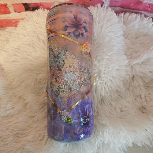 Handcrafted Tumbler with Glitter Soft Colors Flower Embellishments 20oz Skinny - Picture 3 of 6