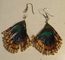 Handcrafted Real Multicolor Feather Earrings Pierced Gold Tone Hoop Hook REPAIR