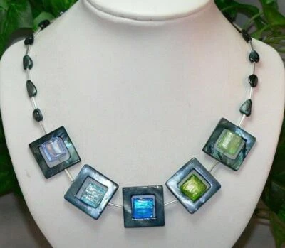 Halskette Perlmutt Muschel grau Glas Perlen Lampwork  blau grün 278 - Bild 1 von 4