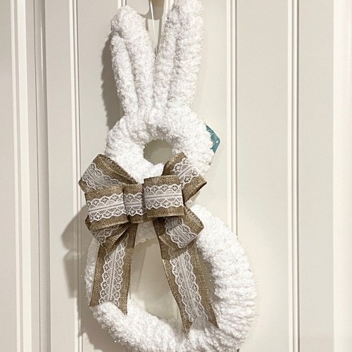White Fluffy Yarn & Ribbon Bunny Welcome Wreath for Easter 19"L. - Picture 2 of 8