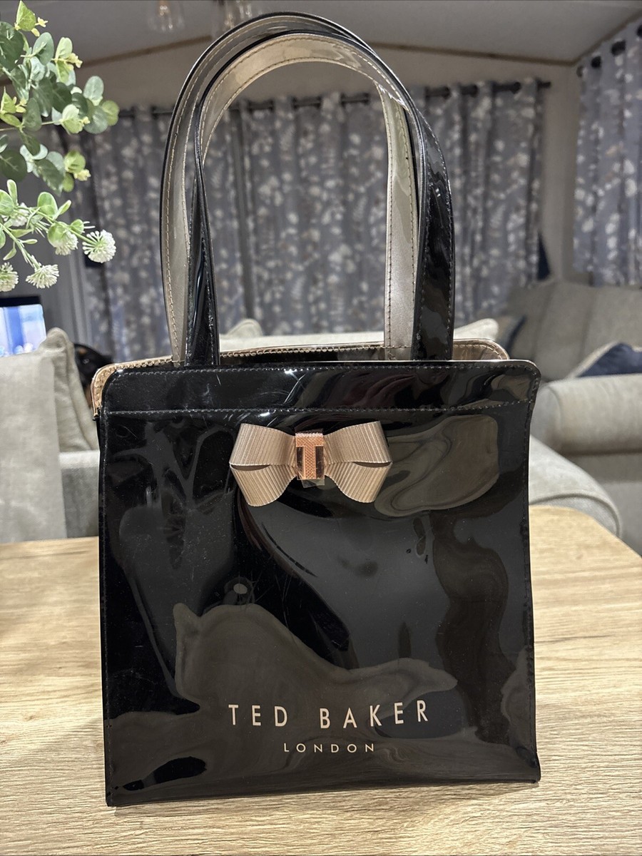 TED BAKER Black PVC Small Shopper Tote Bag with Gold Bow Height