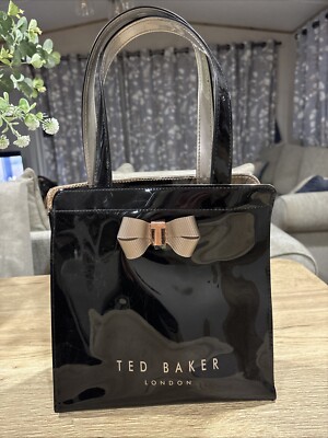 TED BAKER Black PVC Small Shopper Tote Bag with Gold Bow Height 