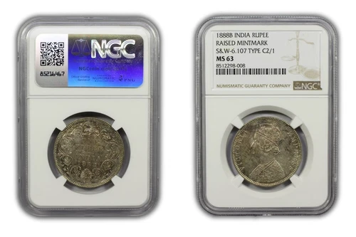 1888 B British India Silver Rupee Coin NGC MS63 Raised Mintmark Type C2/1
