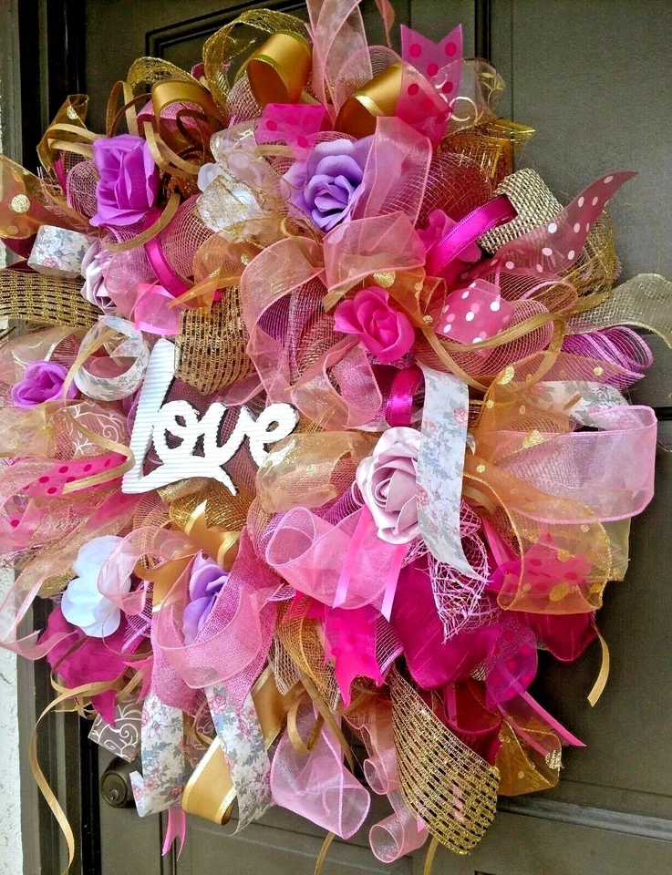 Guirnalda de puerta principal de San Valentín grande rosa arpillera decoración de granja de campo Foto 2 de 4