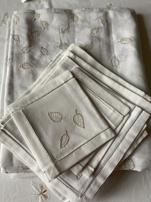 Grande Nappe Vintage Maison Noel Paris Brodée Argent + 12 Serviettes Rectangulaire Coton