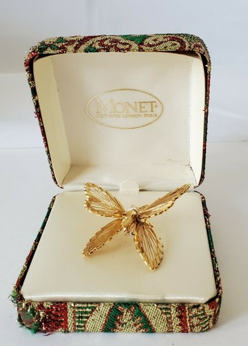 VTG New old stock Monet Gold Tone Butterfly Filigree Wired Brooch Pin Signed - Picture 11 of 12