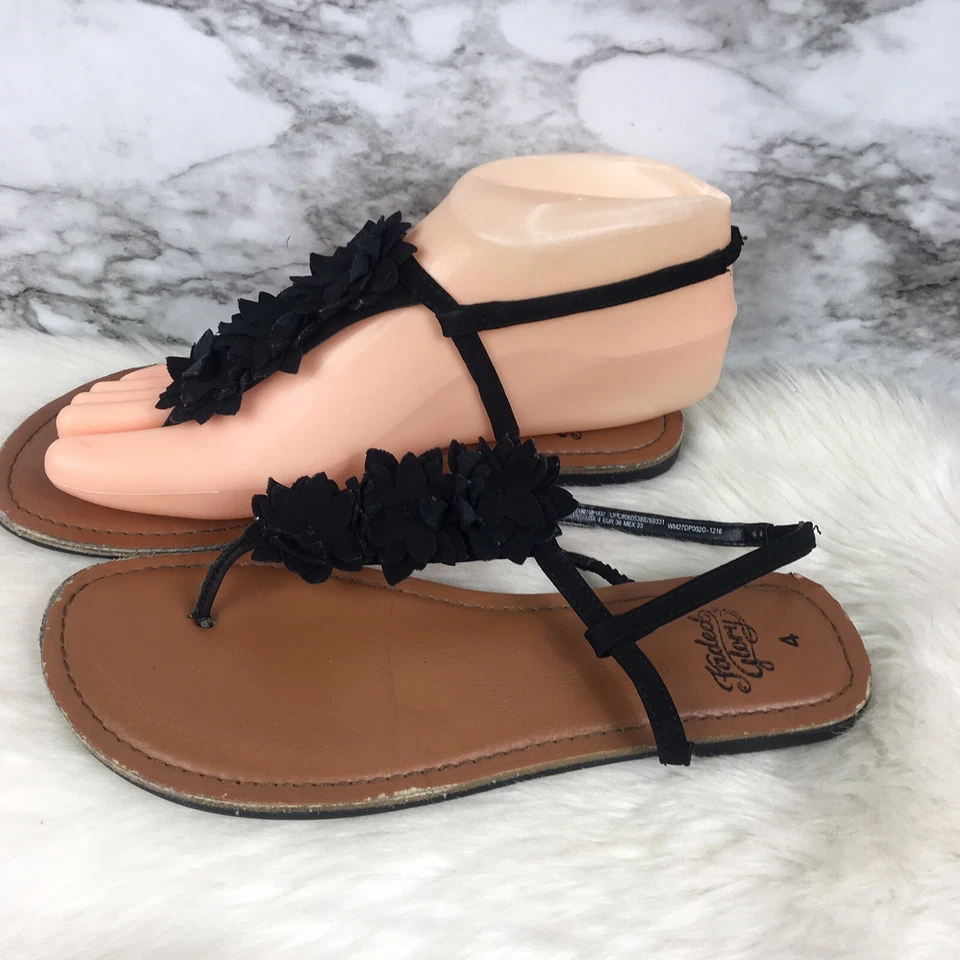 Sandalias Mujer Faded Glory Talla 4 Verano Negro Flor Tanga Correa Chanclas Foto 3 de 4