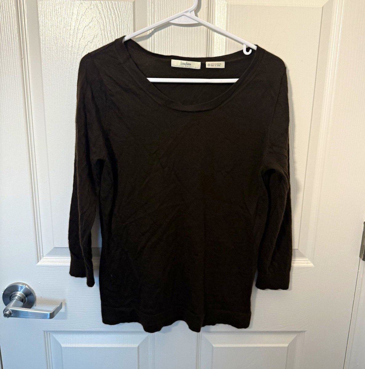 Brown 100% cashmere scoop neck 3/4 sleeve knit pullover sweater