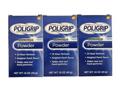 Super Poligrip Denture Adhesive Powder Extra Strength 1.6 oz 3 Pack 12 Hr Hold