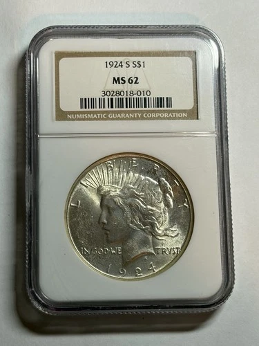 1924 S Peace Silver Dollar $1 NGC MS62 Tough Date Older Brown Label Blast White