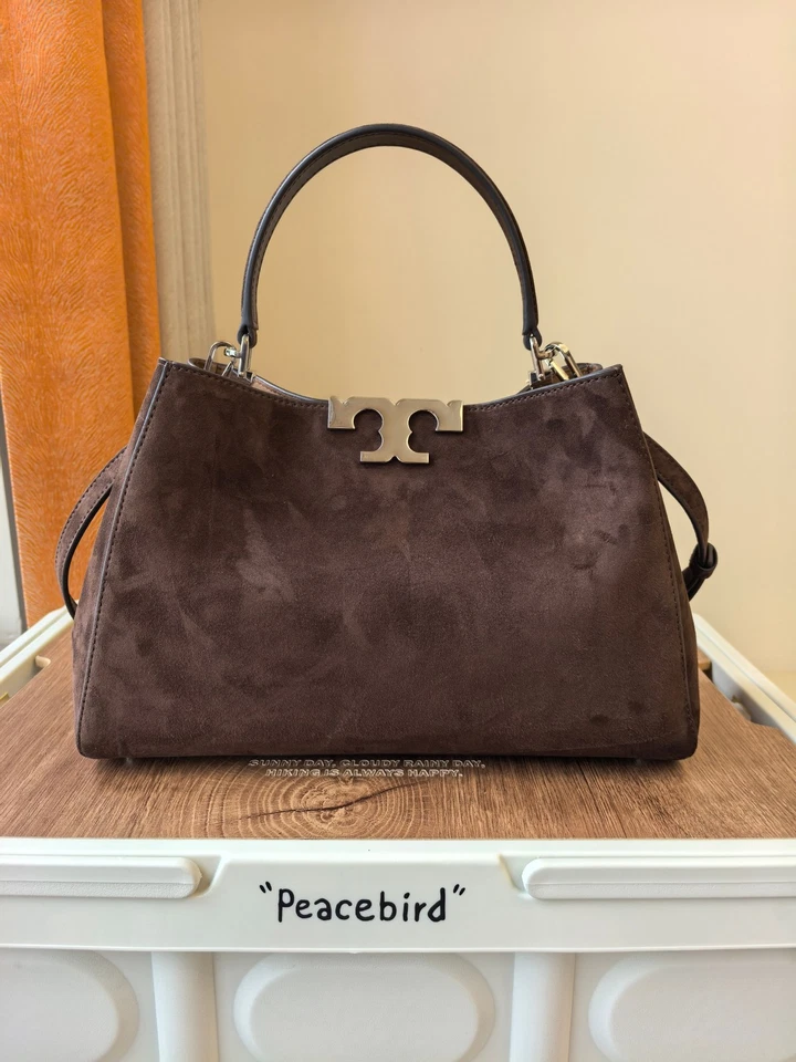 Tory Burch Eleanor Suede Satchel Bag Cocoa Brown Silver Logo Convertible NWT - Image 2 of 4