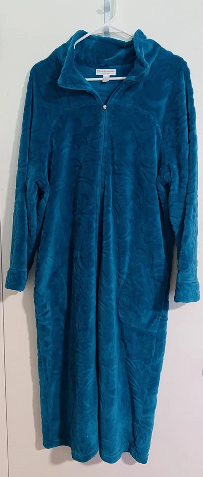 Miss Elaine Essentials 丝绒拉链前长袍女式 XL 码蓝绿色柔软毛绒  — 第 2/4 张图片