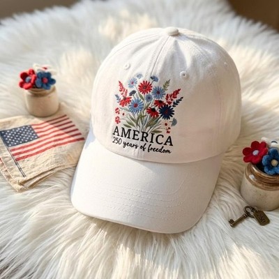 Embroidered Washed Cotton Cap: Floral ''America 250 Years of Freedom'' 4th of July