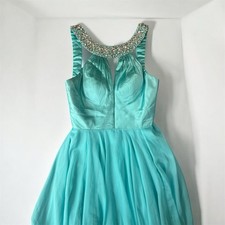 Sherri Hill Aqua Chiffon A-Line Jeweled Neckline Halter Maxi Dress 50988 Size 8