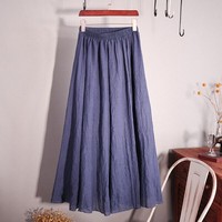 Women Summer Cotton Linen Maxi Skirt Lady Solid Pleated Long Skirts Boho Dresses