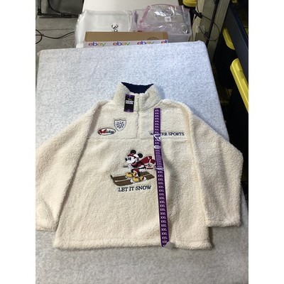 Disney Mickey Mouse Winter Sports Sherpa Fleece Half Zip Pullover Off White XXL