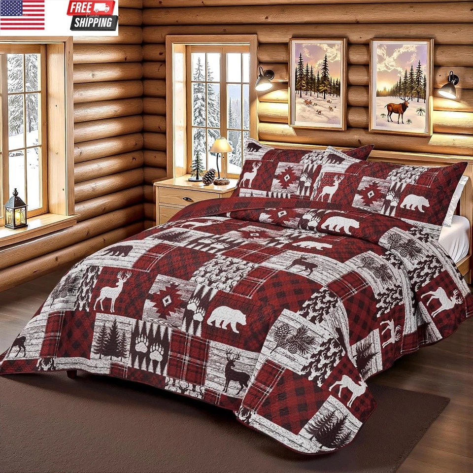 Juegos de edredón reversible de microfibra suave L rústico de 3 piezas de cabina tamaño king de 3 piezas Foto 2 de 4