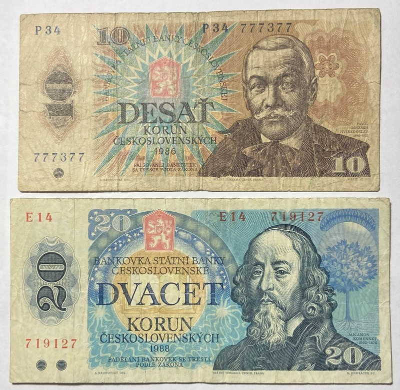1986. 1988. Czechoslovakia 10 & 20 Korun Banknotes ( 777377 ) Combine Shipping