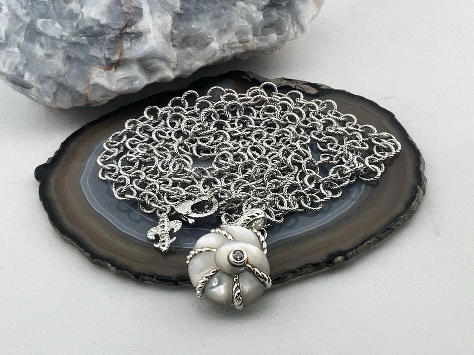 复古 JUDITH RIPKA 珍珠母壳吊坠和 52 英寸优质链 925 — 第 3/4 张图片