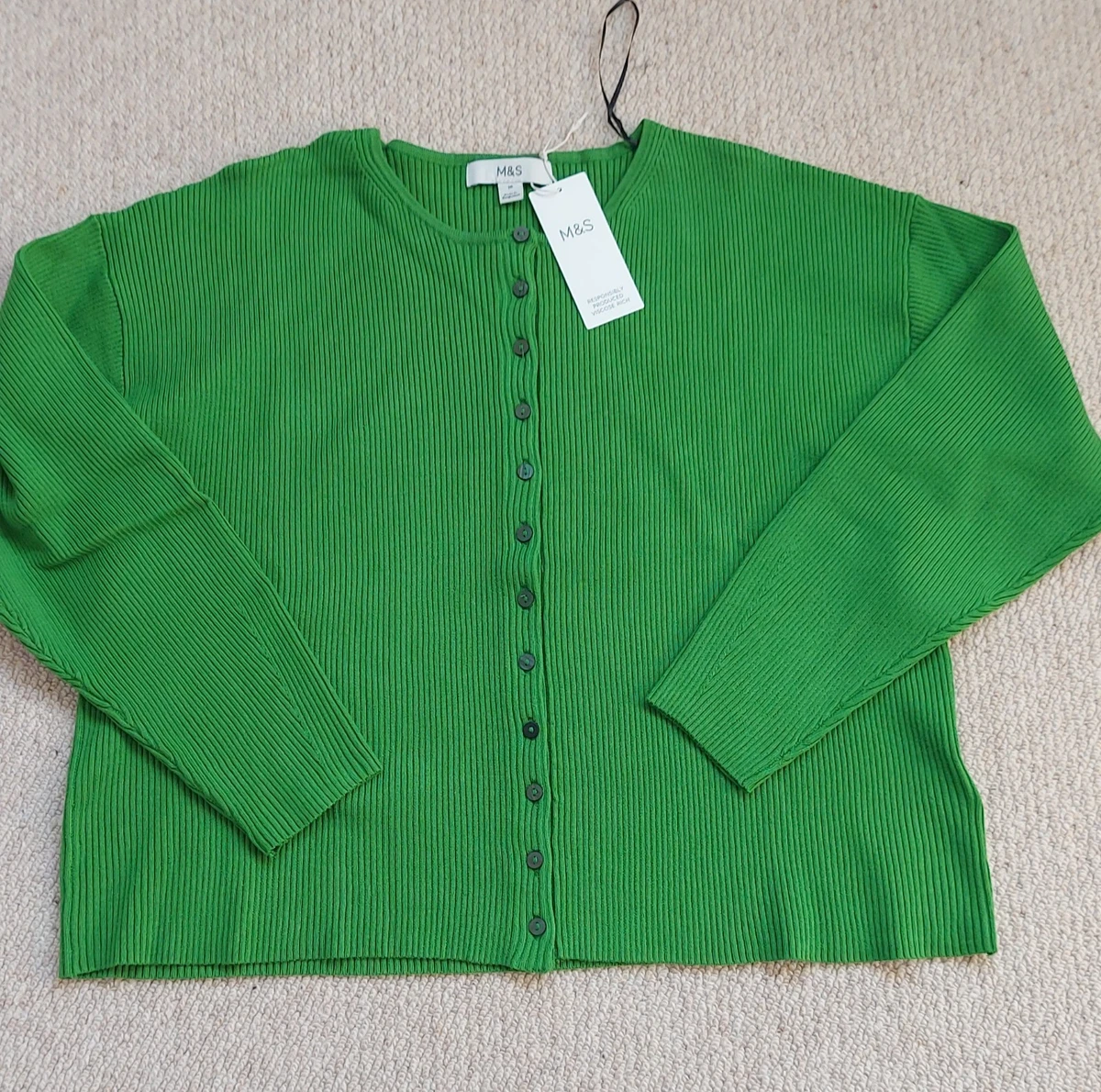 Cardigan Femme Marks & Spencer Taille 14 – Vert Rayé, Coton Léger, Manches Courtes
