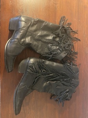 Women s Black Leather Fringe Booties US 8.5 Mid-Calf Pull-On Pointed Toe