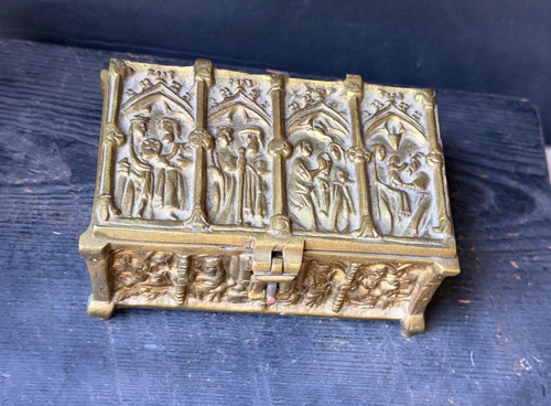 Vintage Ornate Brass Gothic Religious Box | Embossed Saints Trinket Casket 5.8"