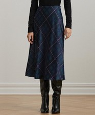 Lauren Ralph Lauren Women's Plaid Satin Charmeuse Midi Skirt Blue Multi Size 16