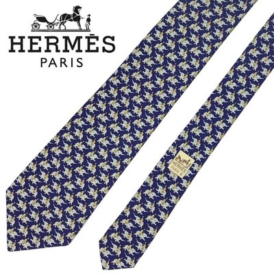 HERMES Necktie Tie Blue elephant pattern 100% Silk made in France