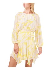 VINCE CAMUTO Womens Beige Belted Handkerchief Hem Lined Pouf Sleeve Dress M