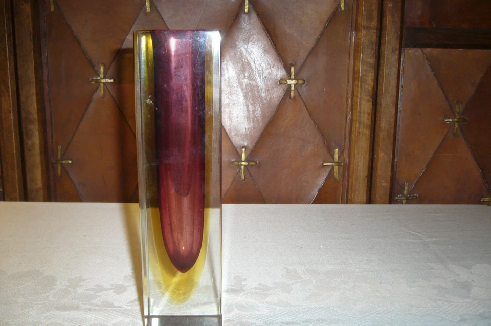 Murano Blockvase Rechteckig, Rot & Gelb, H: 21,5cm, 5,4 x 5,4cm - Bild 3 von 4