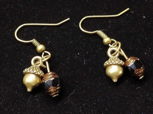Bronze Acorn Charm Earrings On Bronze Hooks w Black & Bronze Glass Beads - Picture 3 of 5
