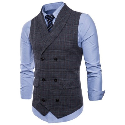 Men's Suit Vest Jacket Double Breasted Check Slim Formal Waistcoat