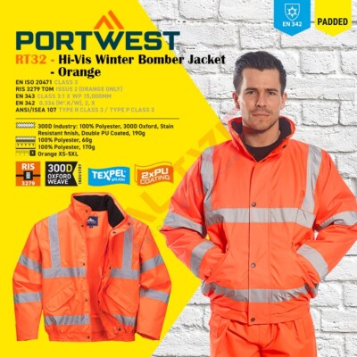 Portwest Hi-Vis Winter Bomber Jacket Waterproof Padded Reflective RT32  Orange UK