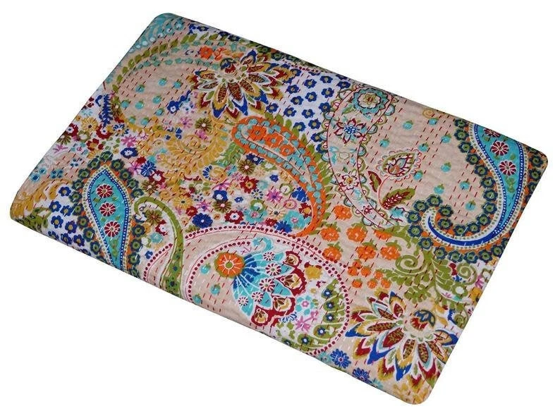 Colcha Kantha de algodón indio hecha a mano beige ropa de cama tamaño king tiro pájaro Foto 4 de 4