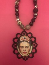 Collar Retro Frida Kahlo Colgante Enrejado Negro Vena de Dragón Ágata Jaspe Cuentas
