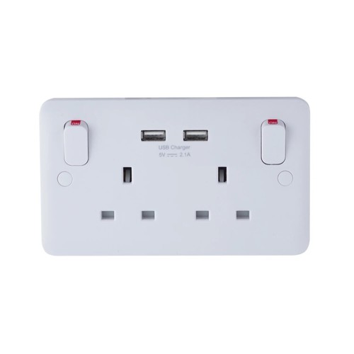 13A Switched Socket with USB Outlet, 2 Gang, White, Lisse Range GGBL30202USBS
