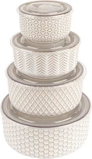 Ceramic Nesting Bowls, with Lids, Serving, Set of 4, Embossed, Kitchen, Prep