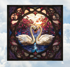 Swan Couple Faux Stained Glass WINDOW CLING Size 8" Square Vinyl