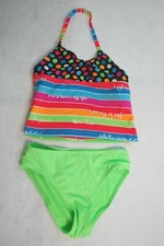 Girls Swimsuit TANKINI SET Halter RAINBOW STRIPE  POLKA DOT Lime Green XS 4-5