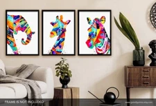 Safari Animals Watercolour Art Print, Set of 3 Prints, Vibrant Safari Prints